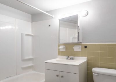 A stylish bathroom equipped with a toilet, sink, and shower, emphasizing a neat layout and contemporary design elements